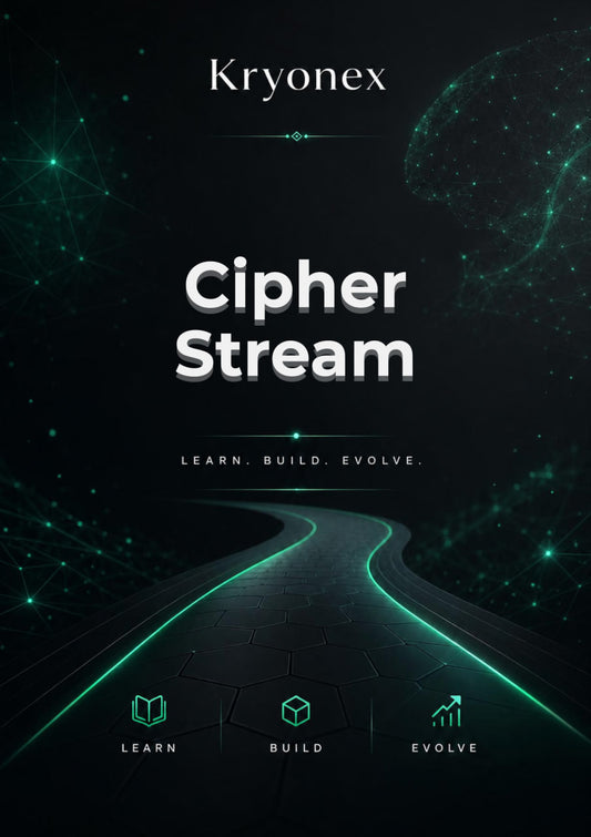 Kryonex Cipher Stream with futuristic design elements on a dark background
