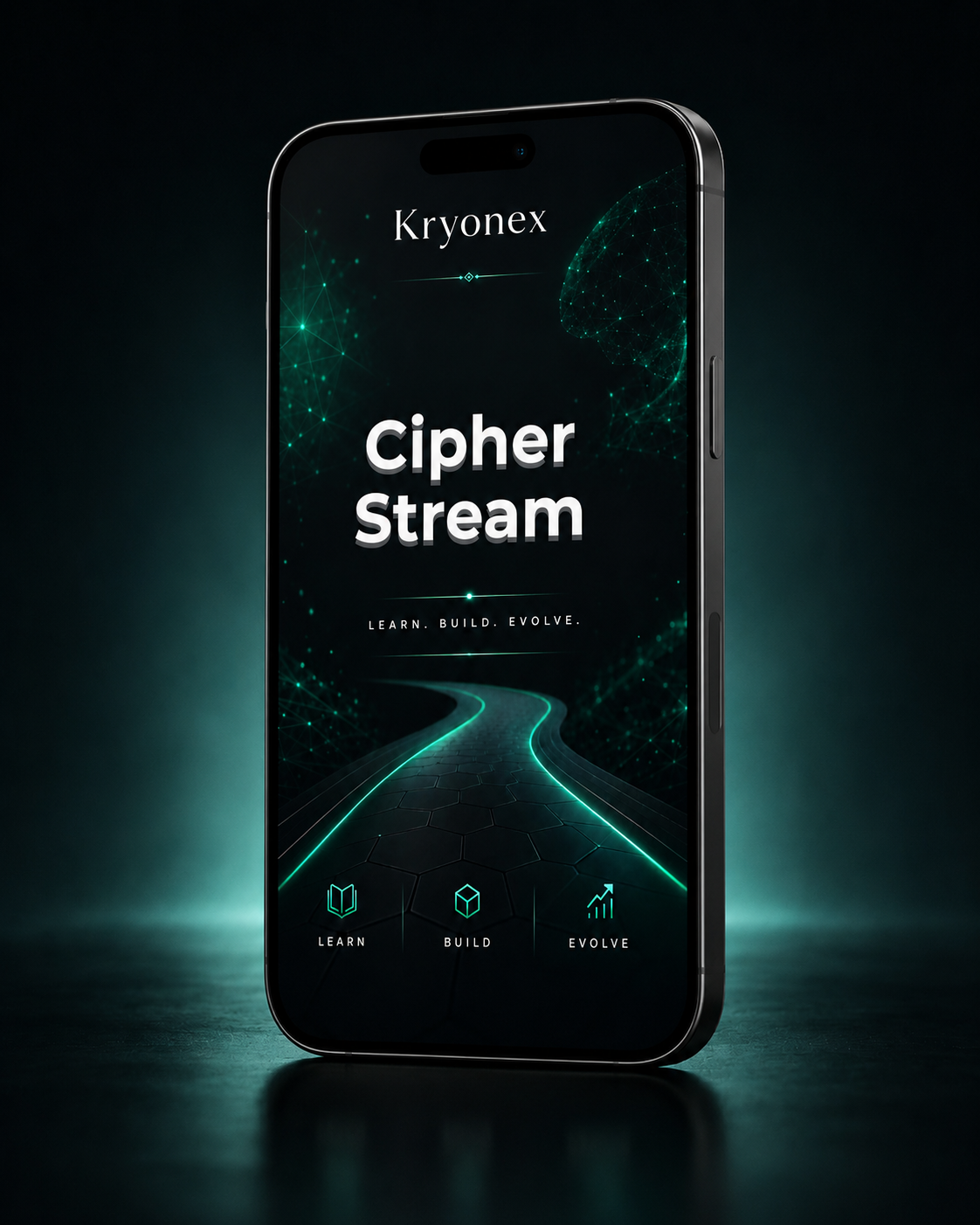 Smartphone displaying Kryonex Cipher Stream app interface on a dark background