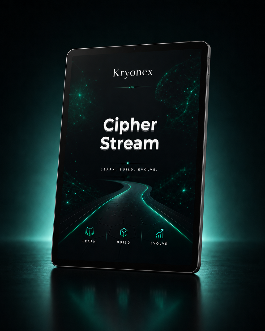 Kryonex Cipher Stream device with glowing green path on a dark background