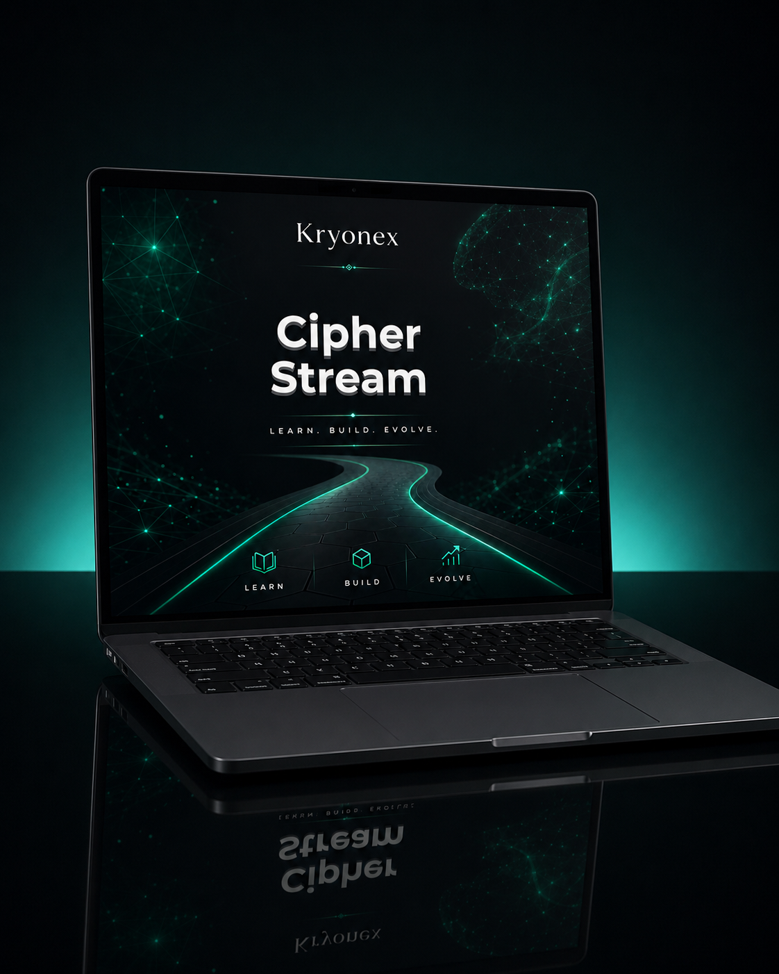 Laptop displaying Kryonex Cipher Stream interface on a dark reflective surface