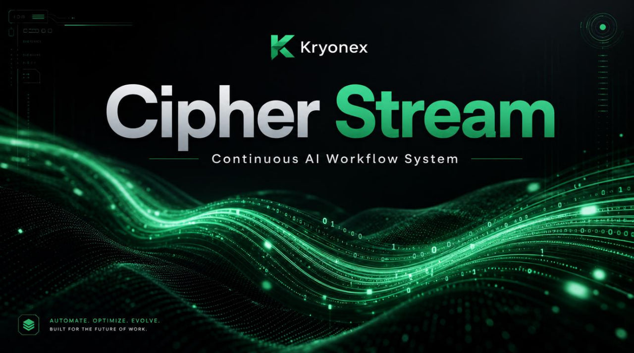 Kryonex Cipher Stream logo with green digital wave design on a dark background
