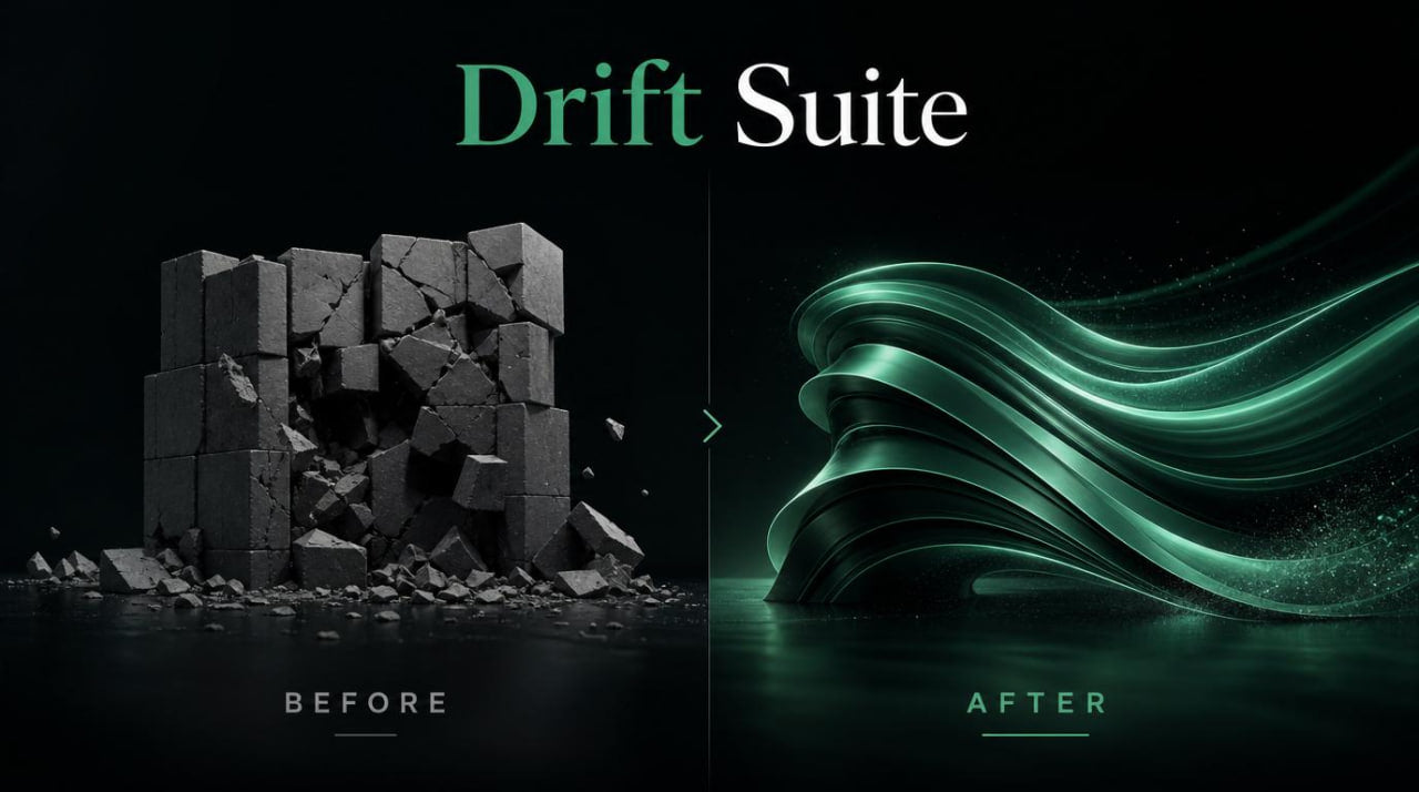 Before and after comparison of a 3D landscape with 'Drift Suite' branding.