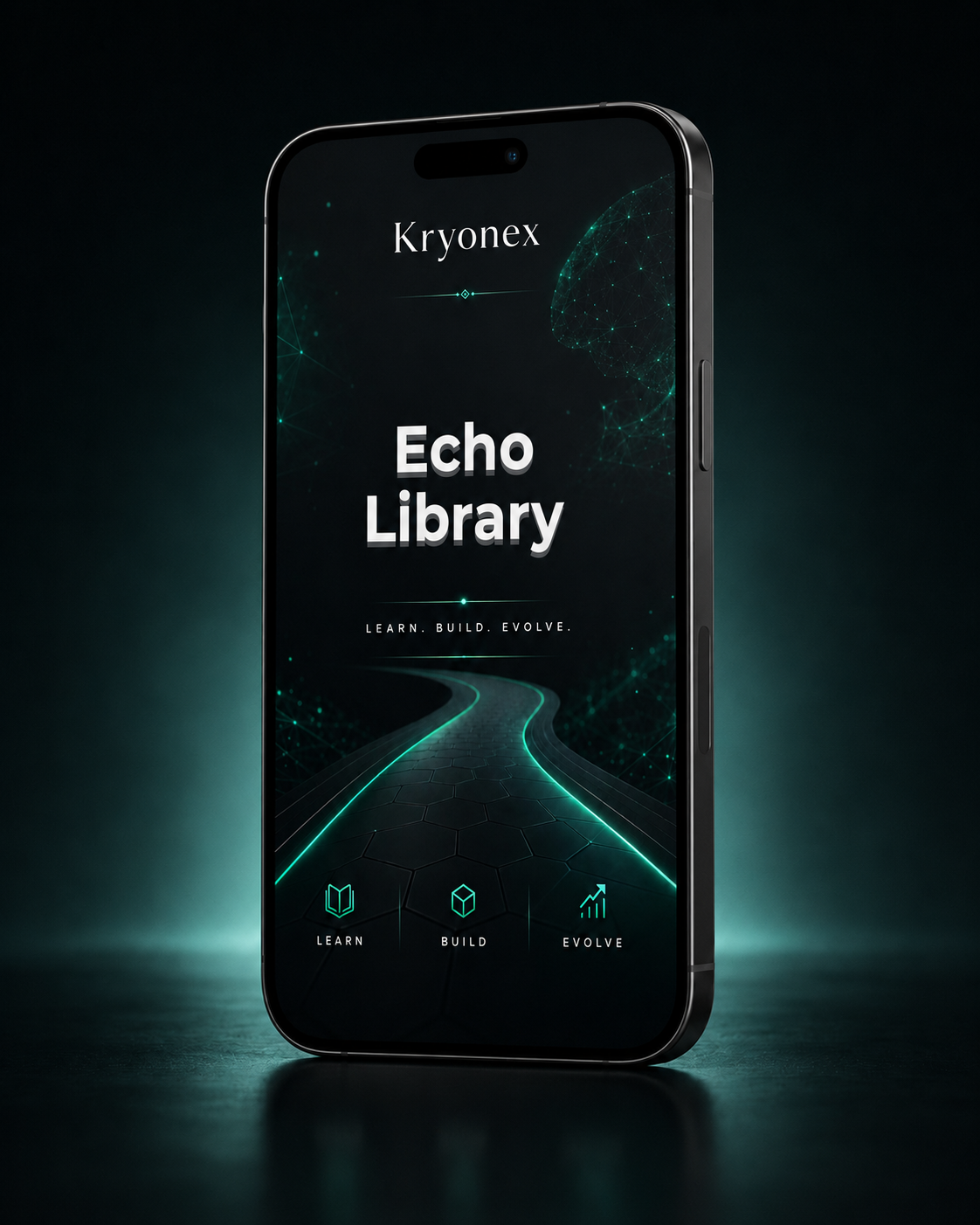 Smartphone displaying Kryonex Echo Library app interface on a dark background