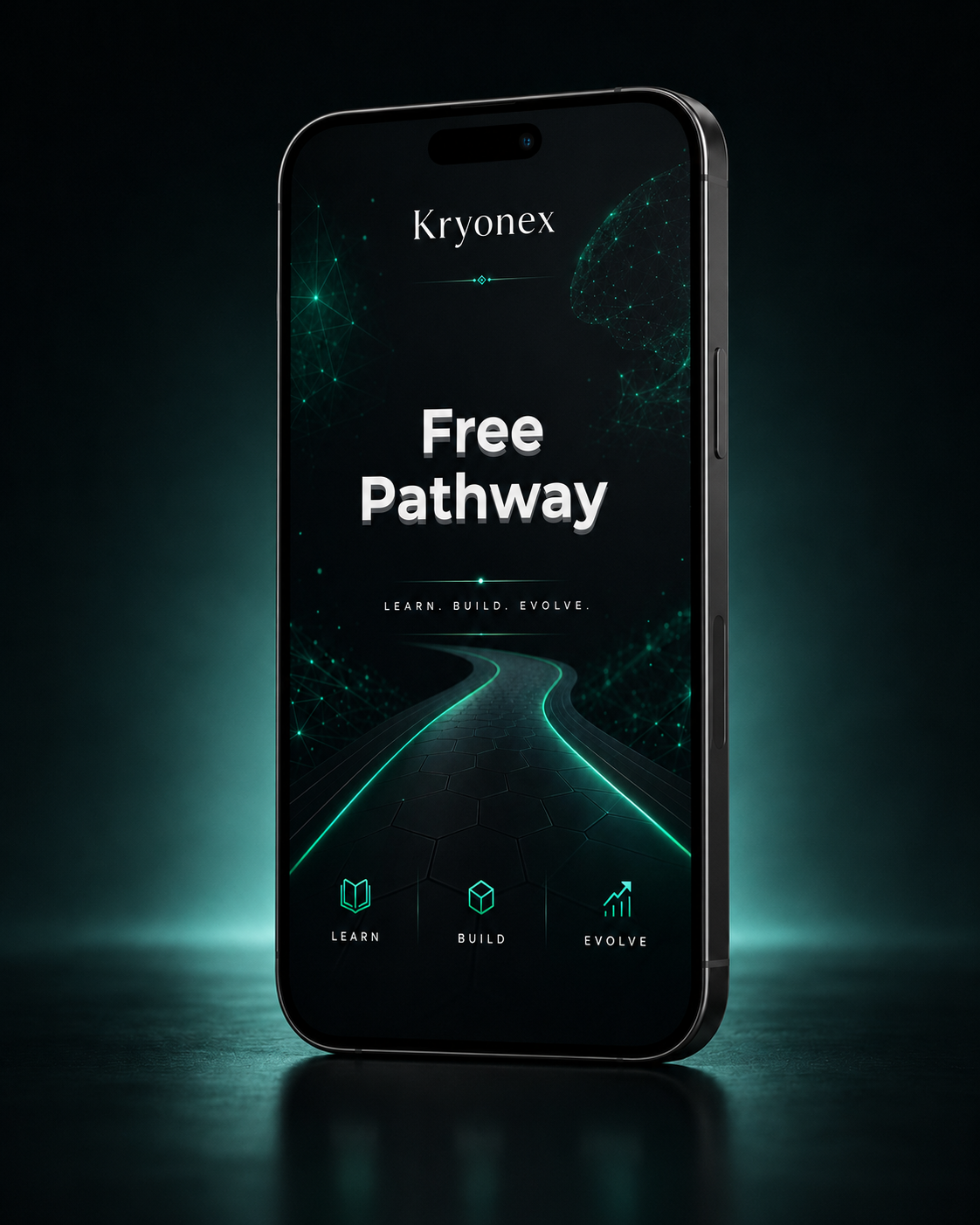 Smartphone displaying 'Kryonex Free Pathway' app interface on a dark background