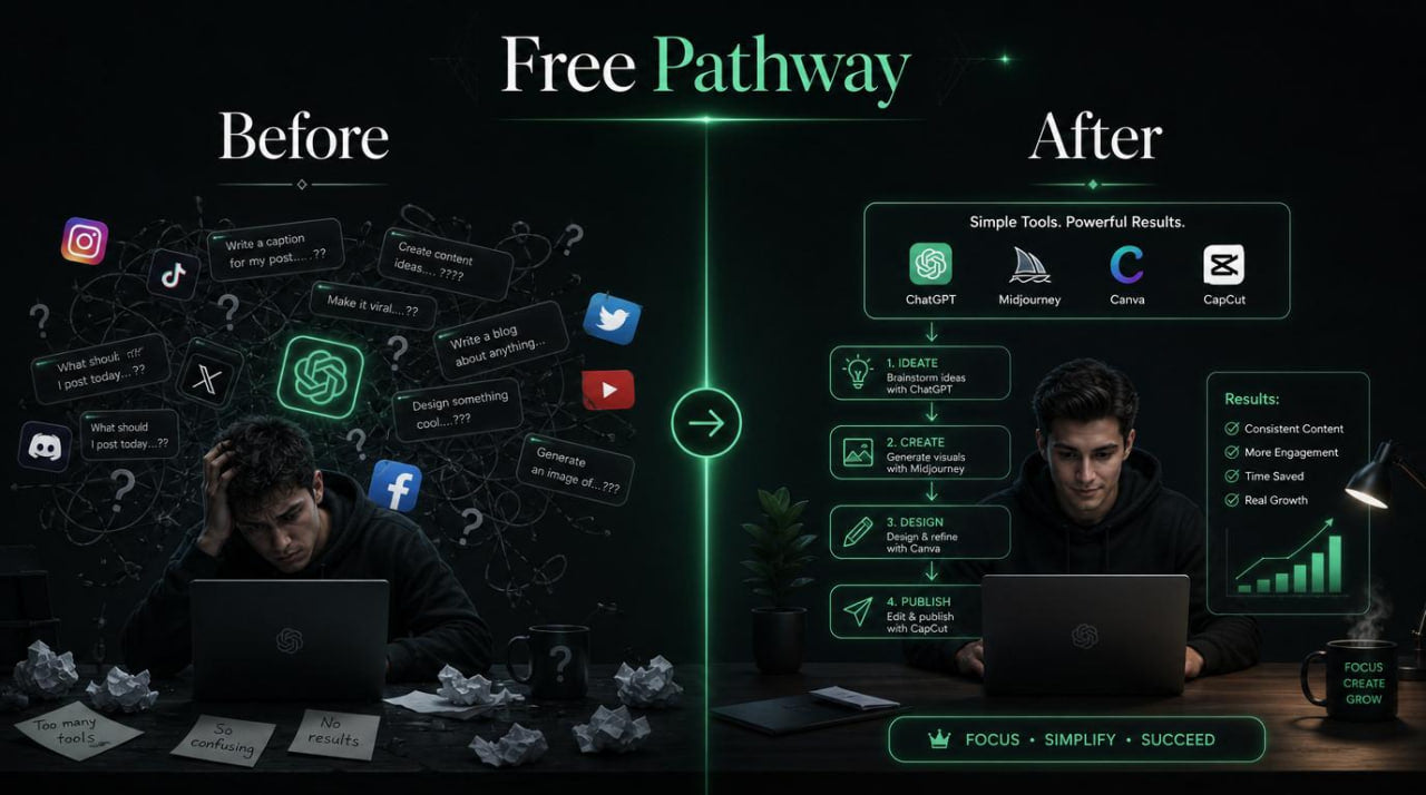 Before and after comparison of a person using a computer with a clear workflow diagram.