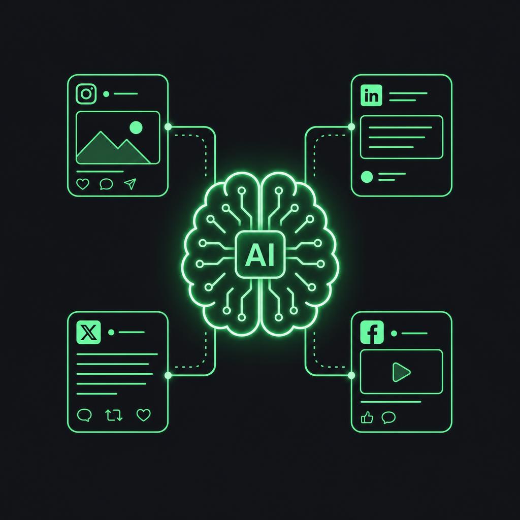 Glowing green AI brain icon with social media icons on a black background