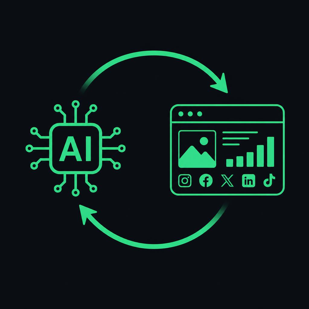 Green AI icon and website interface icon with arrows on a black background