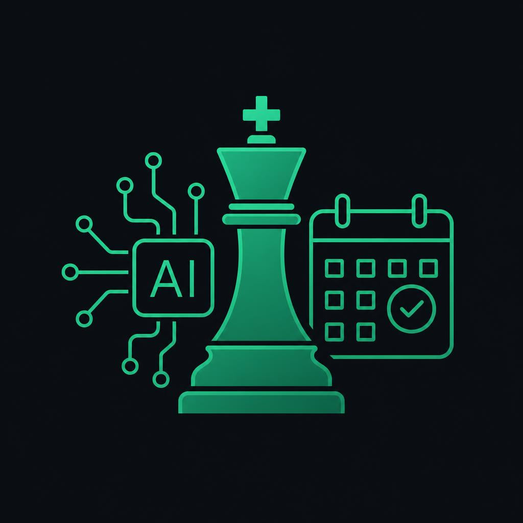 Chess piece with AI and calendar icons on a black background