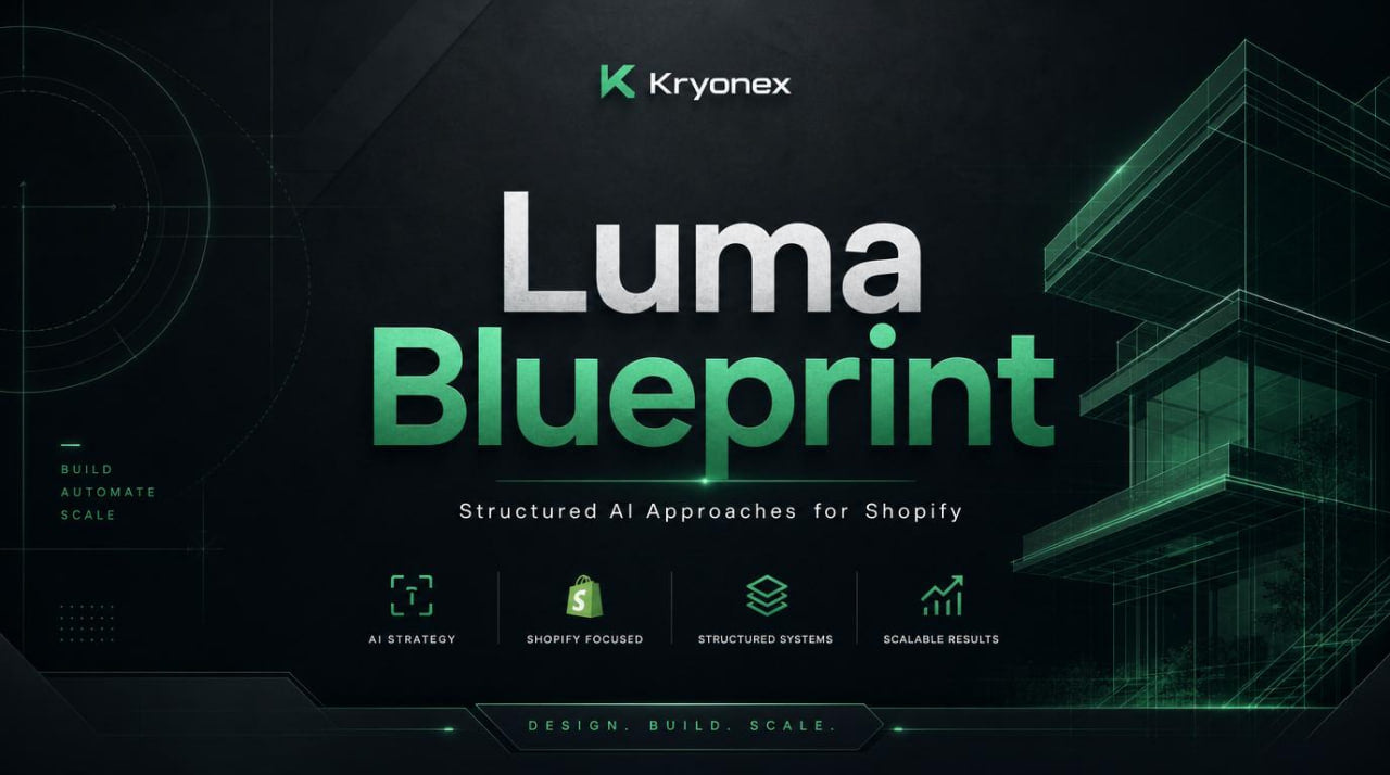 Kryonex Luma Blueprint promotional graphic with architectural design elements on a dark background.