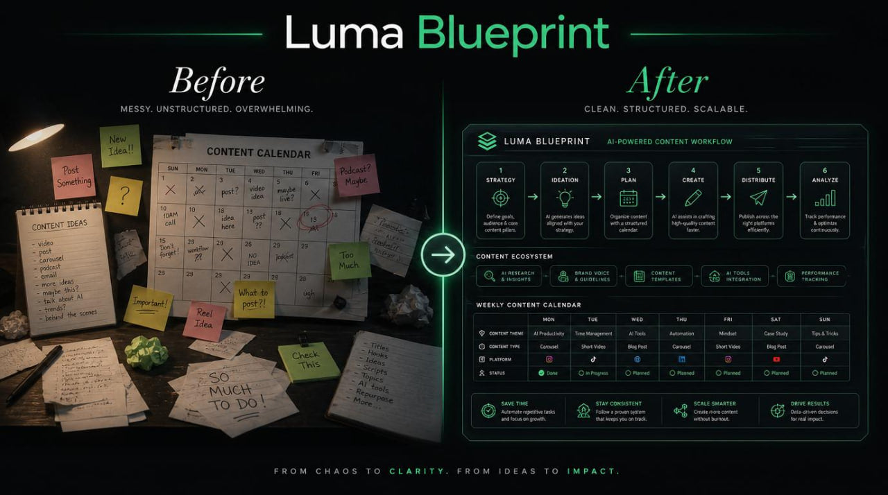 Comparison of 'Before' and 'After' with Luma Blueprint on a dark background