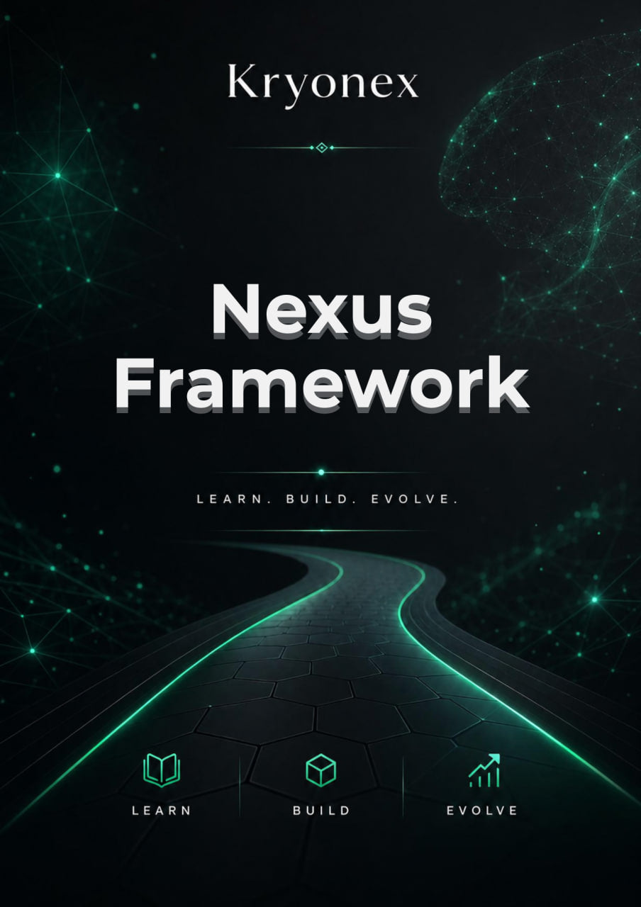 Kryonex Nexus Framework promotional graphic with futuristic design elements.