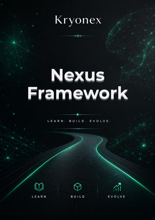 Kryonex Nexus Framework promotional graphic with futuristic design elements.