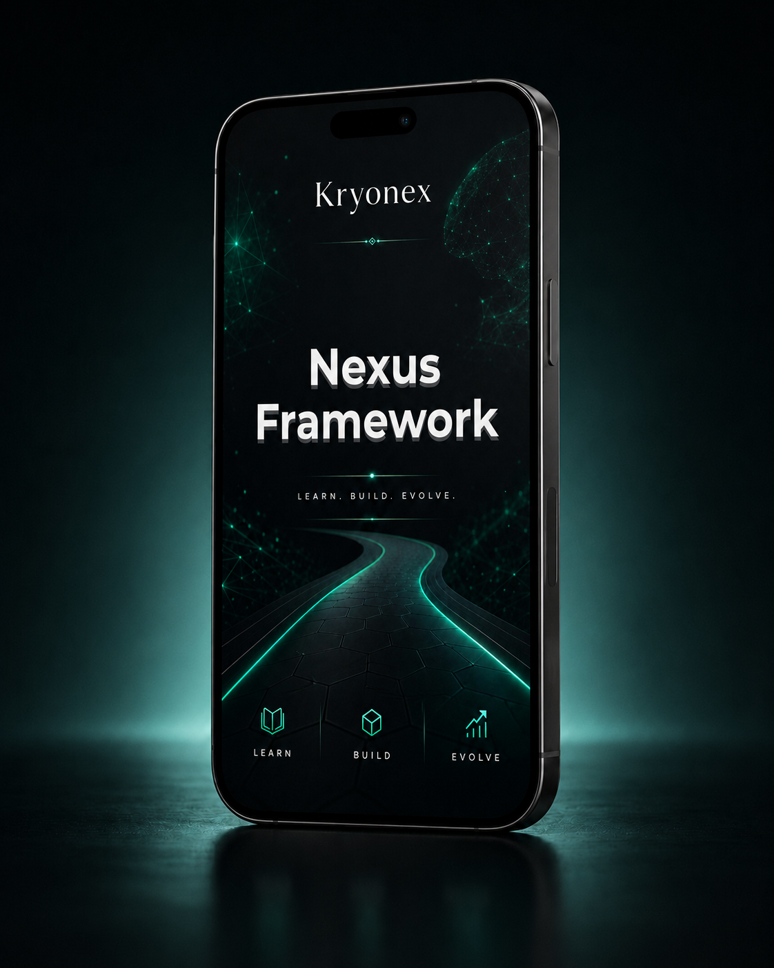 Phone displaying Kryonex Nexus Framework on a dark background