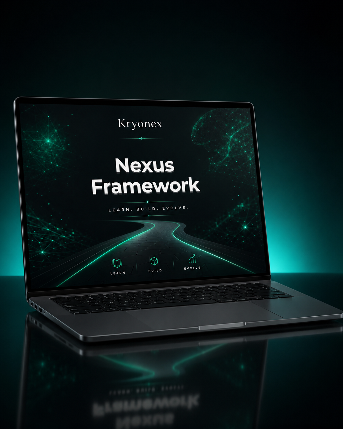 Laptop displaying Kryonex Nexus Framework on a dark background