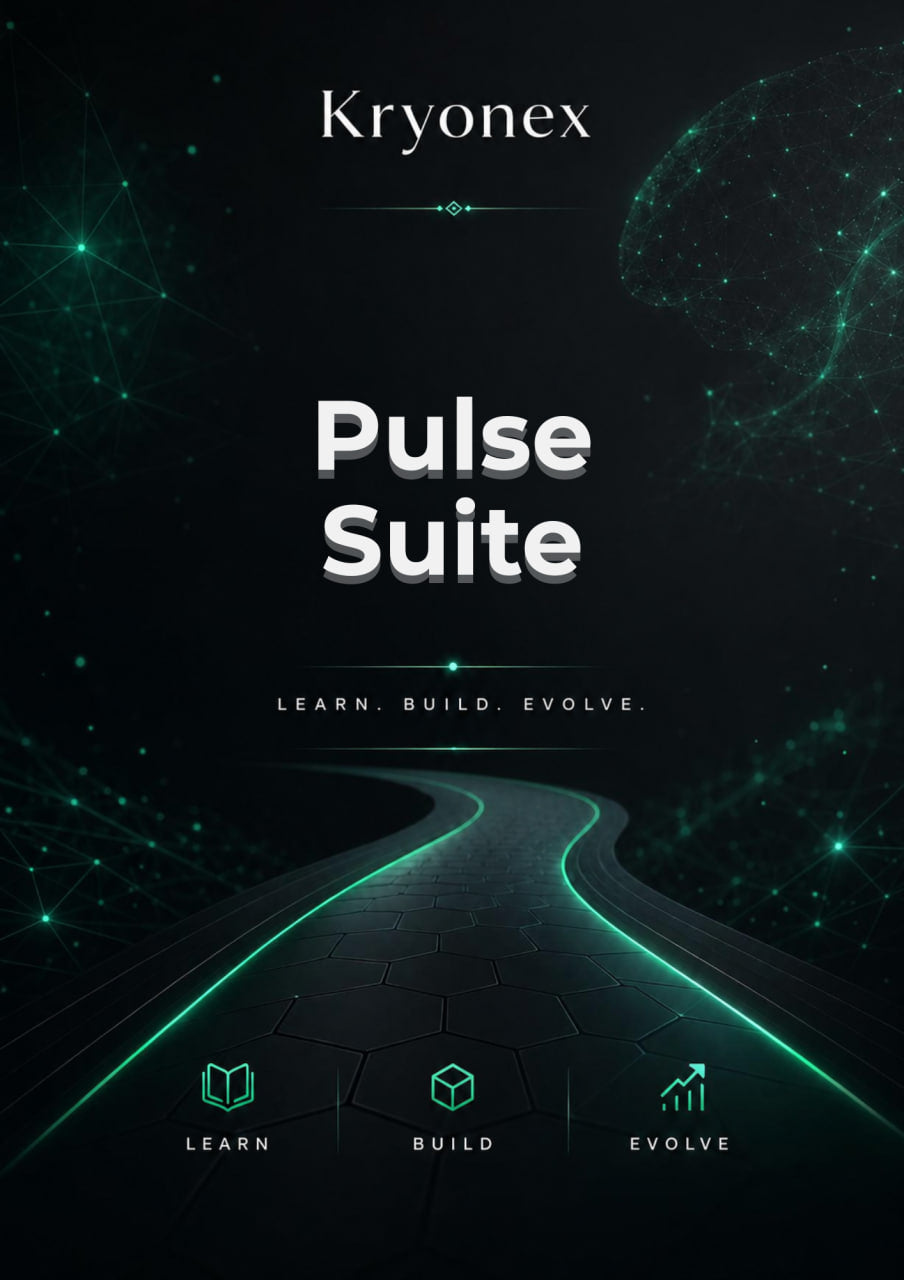 Kryonex Pulse Suite promotional graphic with futuristic design elements on a dark background.