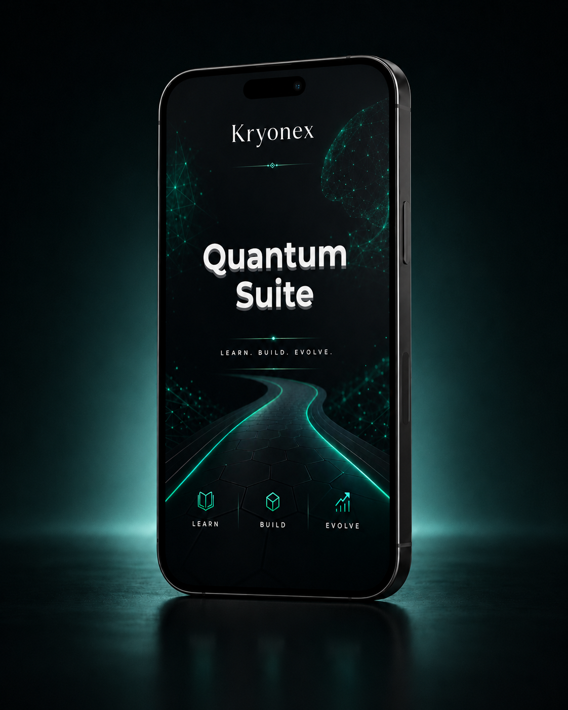 Smartphone displaying Kryonex Quantum Suite interface on a dark background