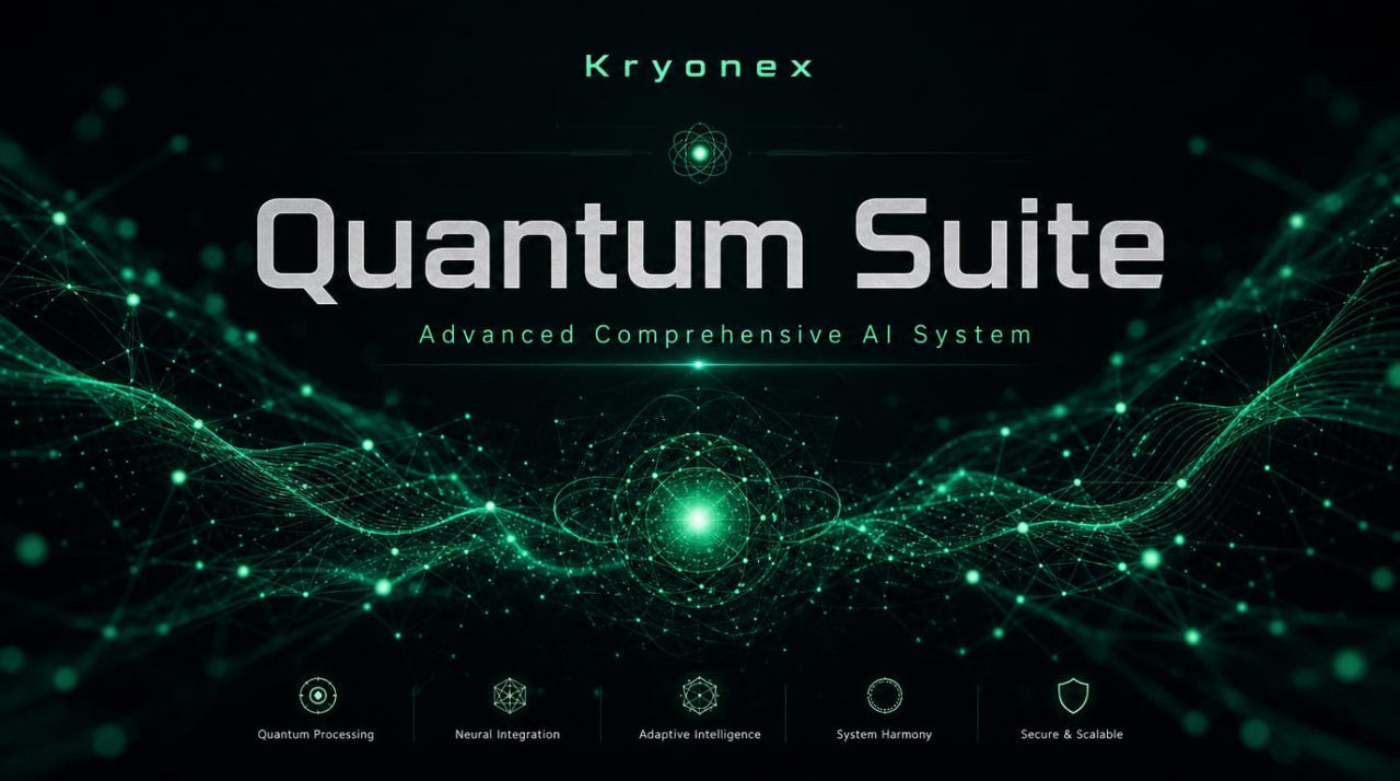 Kryonex Quantum Suite advertisement with futuristic design elements on a dark background