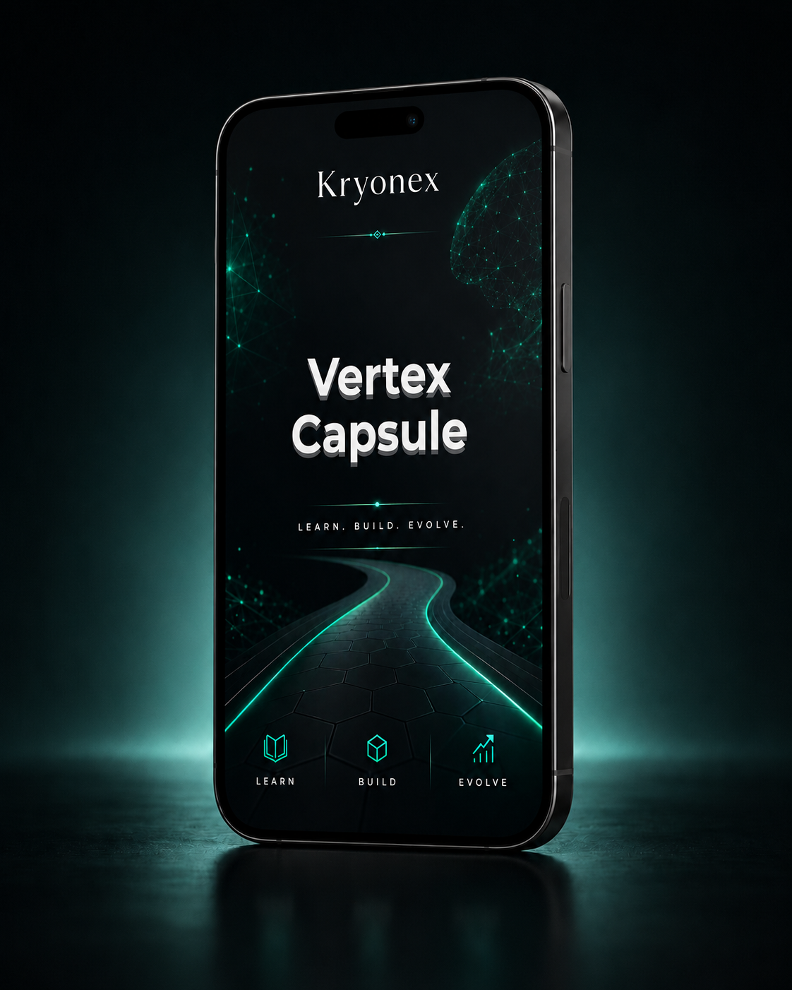 Smartphone displaying Kryonex Vertex Capsule app interface on a dark background