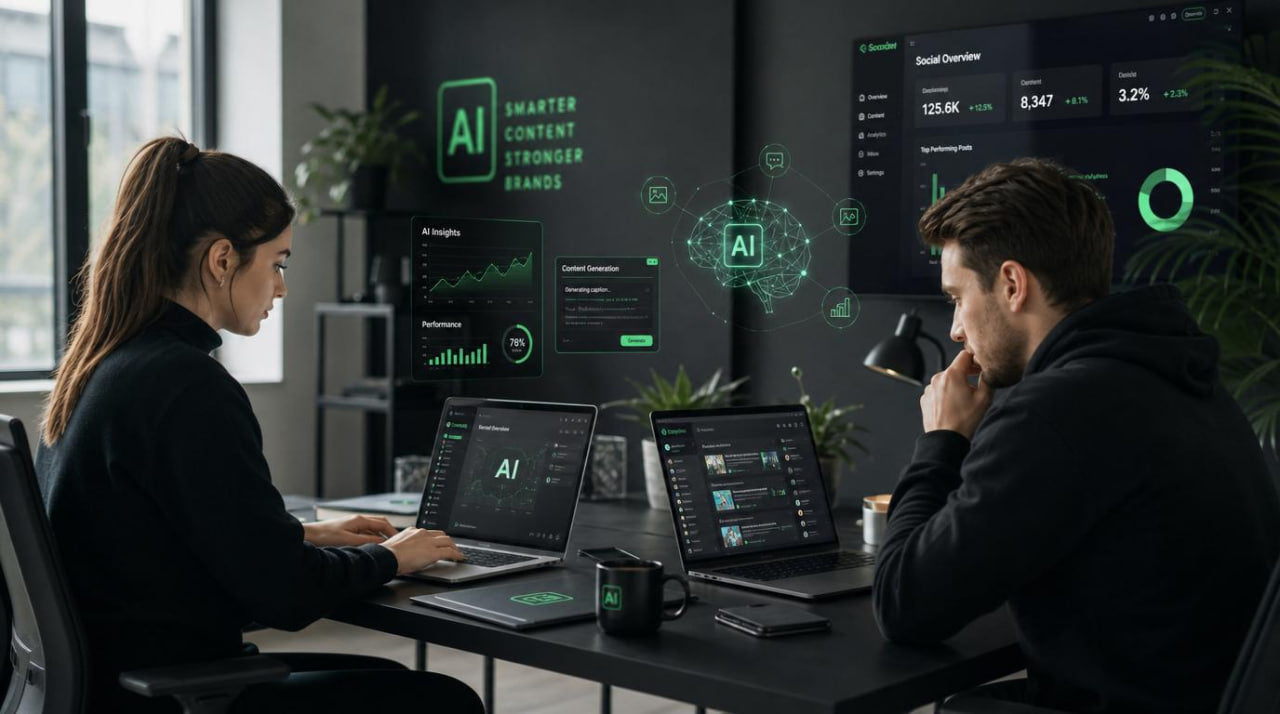 Two people working at a desk with multiple computer monitors displaying AI-related content.
