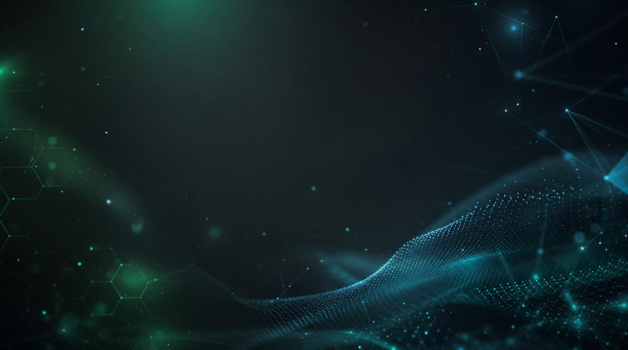 Technological background with glowing green lines and dots on a dark blue gradient