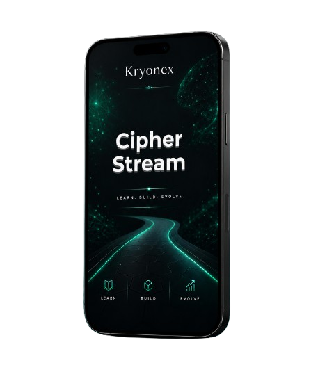 Smartphone displaying Kryonex Cipher Stream app interface on a white background